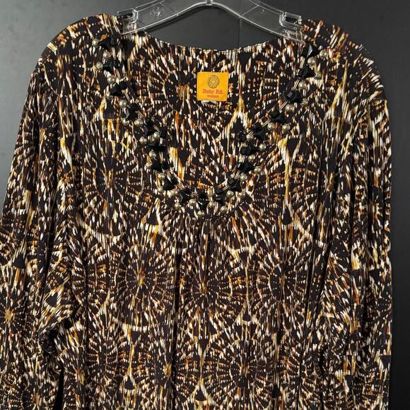 Ruby Rd. 3X Beaded Neckline Abstract Print Top Brown Black White - Picture 4 of 5